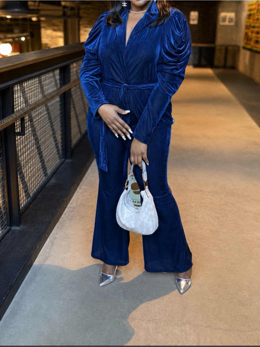 SHEIN Self Belted Rib-knit Velvet Blazer and Flare Leg Pants Set